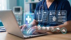 Profissional de saúde usando laptop com ícones digitais de segurança, representando proteção de dados médicos e privacidade