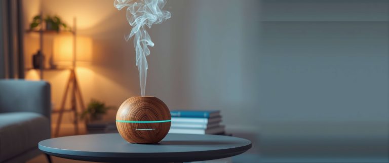 Vaporizador de óleo natural em madeira liberando vapores coloridos sobre mesa em sala de estar