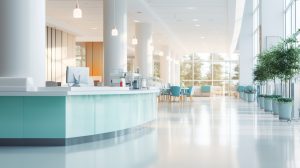 Corredor e recepção de clínica hospitalar desfocados, representando ambiente de espera 