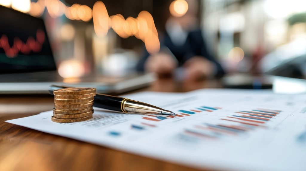 Moedas douradas sobre mesa com gráficos financeiros detalhados, representando gestão tributária e investimentos