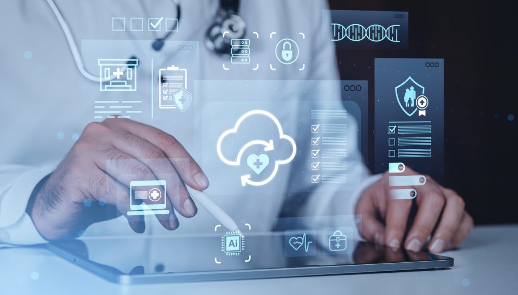 Médico interagindo com interface digital futurista exibindo prontuários em nuvem e diagnósticos digitais