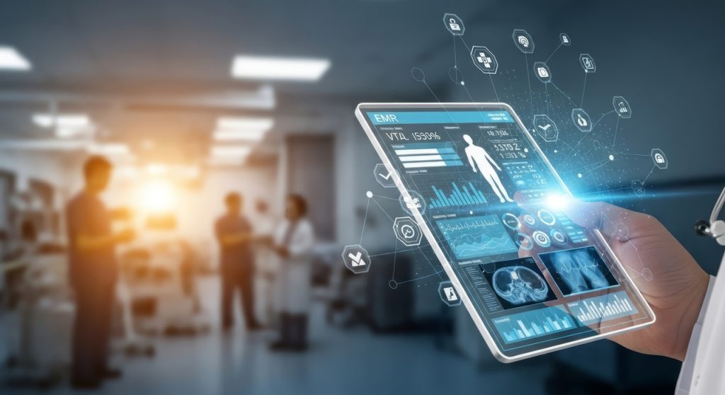Profissional de saúde segurando tablet com interface digital em ambiente clínico moderno