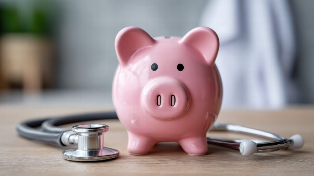 Cofre de porquinho rosa ao centro com estetoscópio preto em volta sobre mesa de madeira.