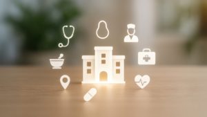 Ilustração mostrando ícones de marketing digital e saúde ao redor de um hospital, representando a estratégia de marketing médico
