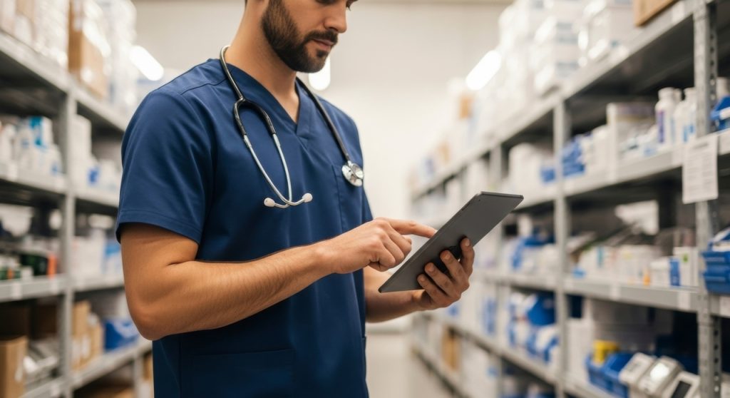 Profissional de saúde utilizando tablet para controle de estoque em armazém de suprimentos médicos
