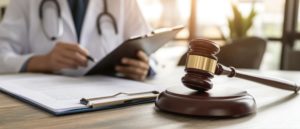 Como abrir uma clínica de saúde: guia completo para começar do zero 1 Médico ao fundo assinando um contrato em um tablet com um martelo da lei a sua frente