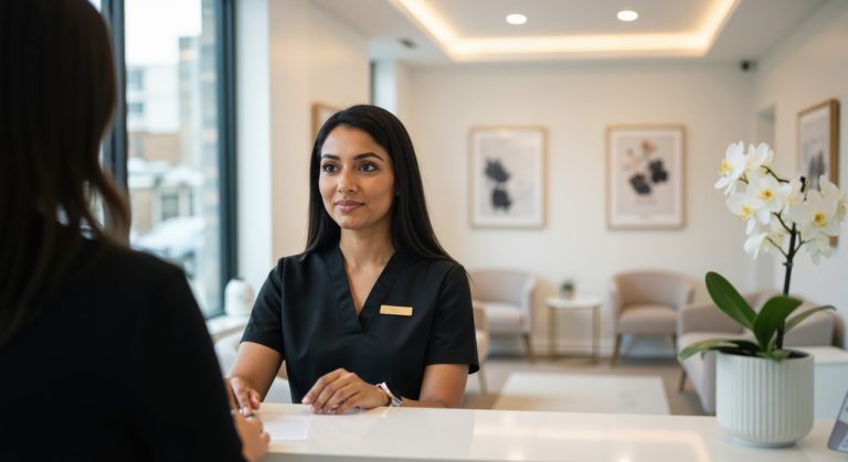 Recepcionista profissional atendendo paciente na recepção de clínica moderna