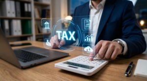 Tributação e impostos para clínicas: como otimizar esses processos 1 Médico usando uma calculadora em frente a um computador com holograma de taxas em sua frente