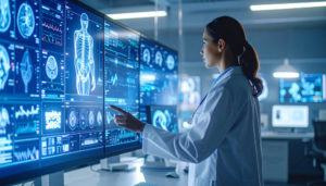 Descubra como implantar inovações tecnológicas na área da saúde 1 Médico analisando dados de um paciente em um telão com muitas informações