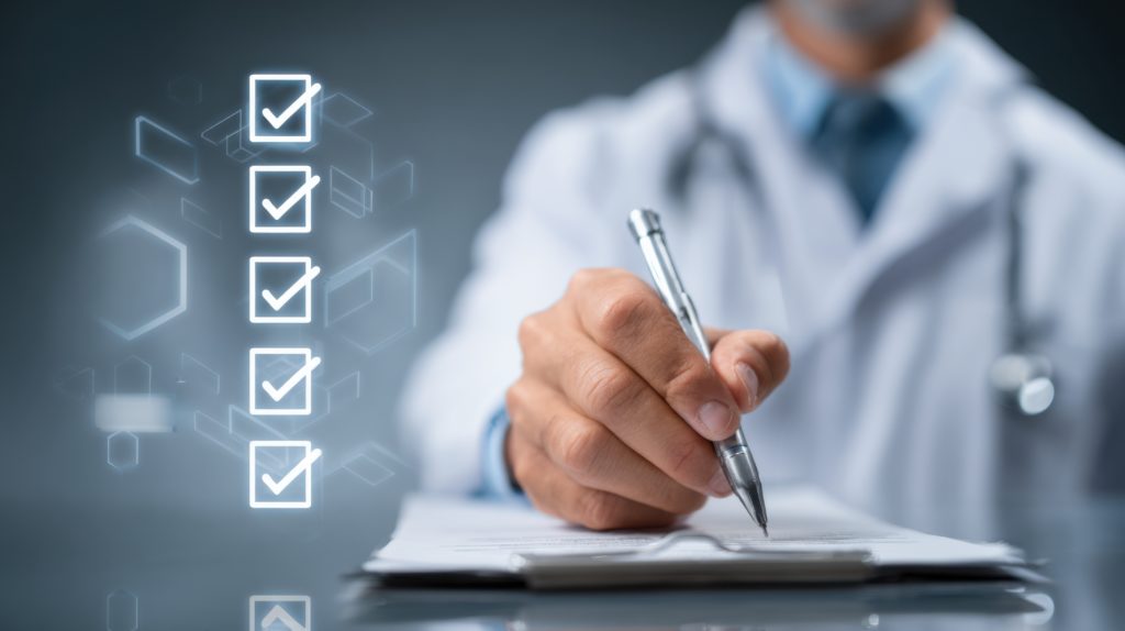 Médico ao fundo com um checklist a sua frente em holograma