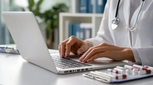 Médico sentado de frente para um notebook em clínica médica