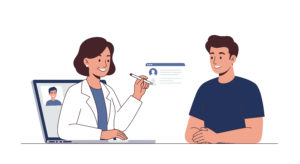 Ilustração de médica fazendo o atendimento médico personalizado ao seu paciente
