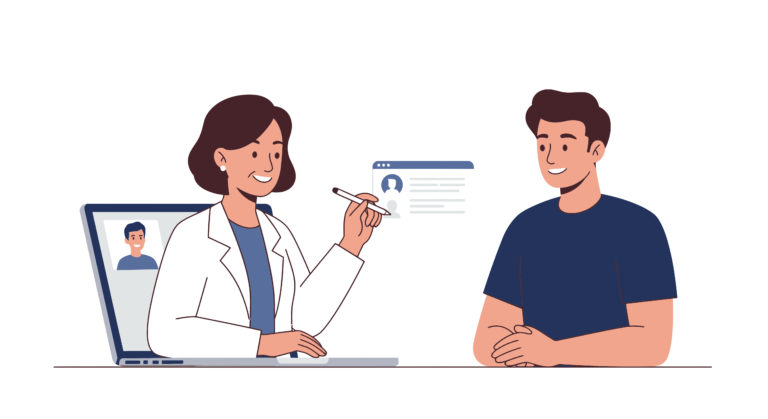 Ilustração de médica fazendo o atendimento médico personalizado ao seu paciente