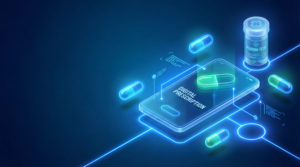Ilustração de smartphone exibindo prescrição digital com holograma de pílulas e frasco de remédio