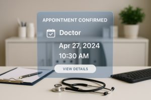 Lembrete de consulta médica holográfica com um consultório ao fundo