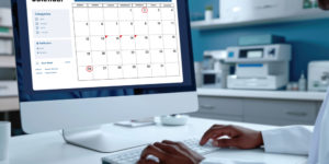 Médico usando um computador para acessar sua agenda em um software médico