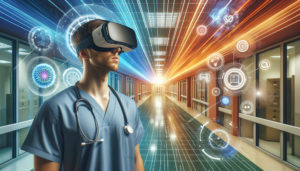 Médico usando um óculos de realidade aumentada em um hospital
