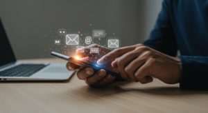 Médico sentado em mesa de consultório usando o celular para aplicar estratégias de marketing de relacionamento