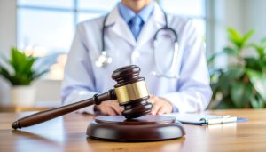 Martelo de juiz sobre mesa com médico ao fundo, simbolizando regulamentação e aspectos legais da prescrição digital 