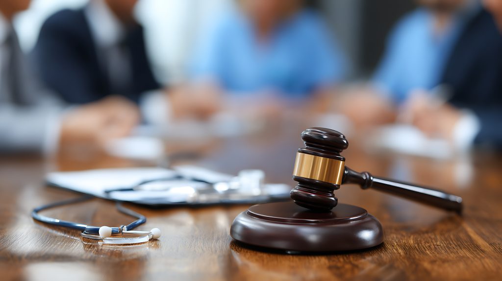 Martelo de juiz e estetoscópio sobre mesa de conferência, simbolizando relação entre direito e prática médica