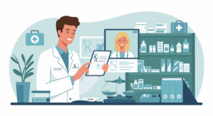 Ilustração de farmacêutico utilizando tablet para processar prescrição eletrônica em ambiente digital de saúde, em consulta via telemedicina