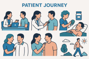 Ilustração que mostra as diferentes etapas da jornada do paciente na saúde