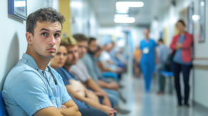 Pacientes esperando em uma recepção lotada de clínica, representando a ansiedade causada pelo tempo de espera