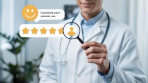 Médico analisando avaliações online e feedback de pacientes