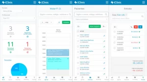 Tela do aplicativo Afya iClinic mostrando informações do painel, agendamento de consultas, pacientes e extrato financeiro, destacando sua funcionalidade para gerenciar a clínica