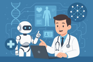 Ilustração de robô ao lado de médico em um consultório
