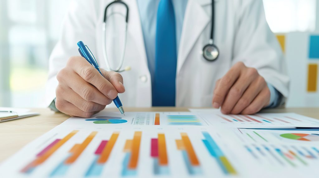 Médico em frente a uma mesa analisando gráficos em folha de papel