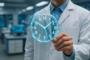 Imagem de um médico de jaleco ao fundo com um holograma de um relógio a frente