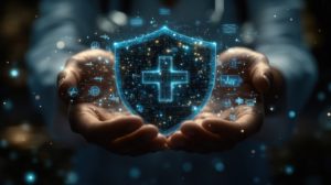 Mãos de um médico segurando um distintivo holográfico com uma cruz ao centro com vários ícones ao redor