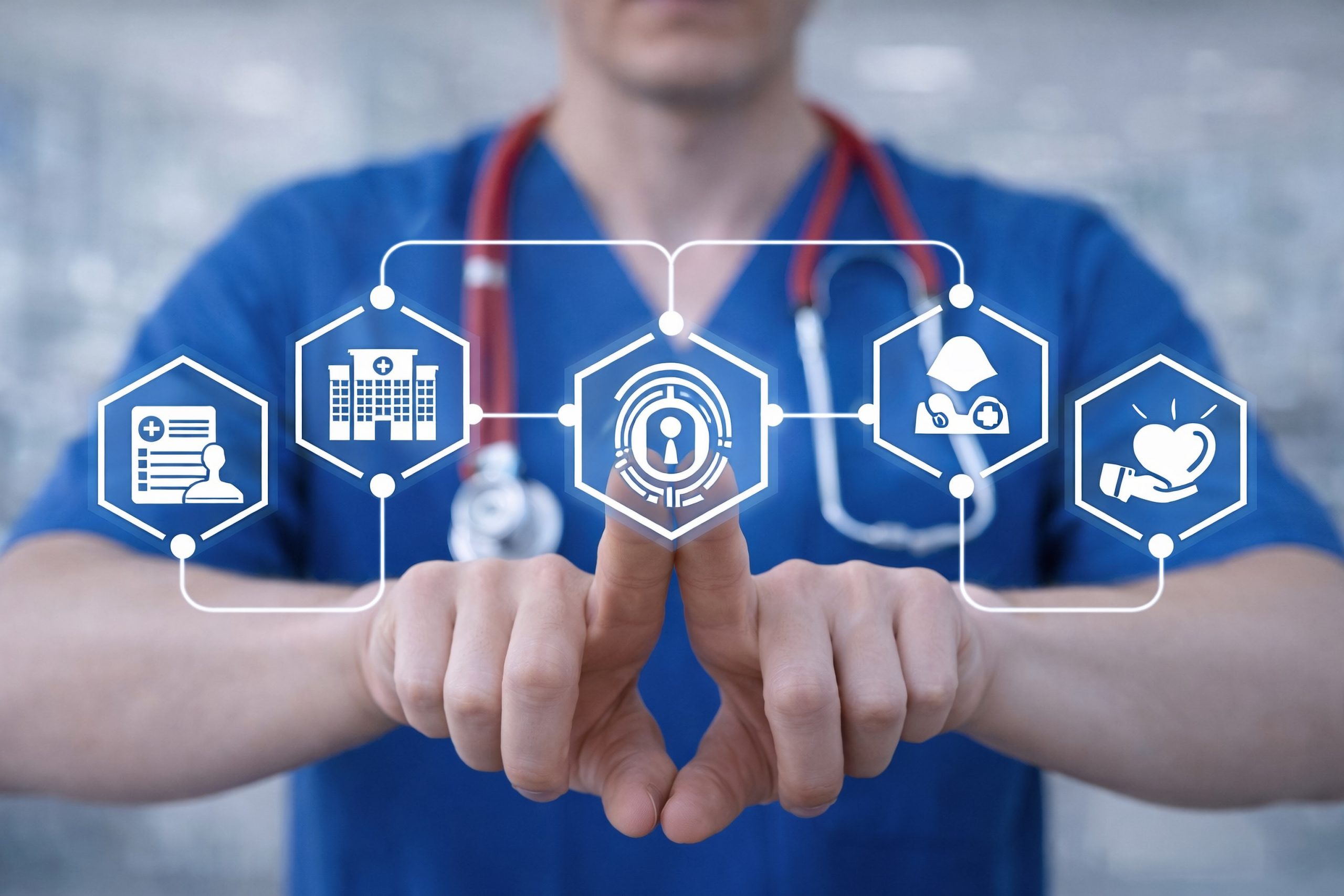 Profissional de saúde gerenciando plataforma digital integrada com sistemas hospitalares e registros de pacientes