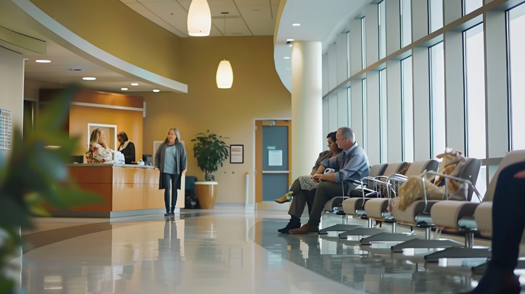 Sala de espera de uma clínica organizada com várias cadeiras, alguns pacientes e funcionários