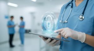 Médica de jaleco segurando um tablet com um holograma de um cadeado