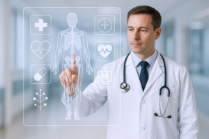 Médico de jaleco e estetoscópio no pescoço usando o dedo para controlar prontuário holográfico