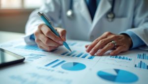 Médico sentado estudando alguns gráficos para melhorar a saúde financeira da clínica
