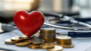 Moedas a frente com um coração vermelho em cima e um estetoscópio atrás