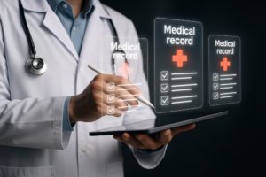 Médico de jaleco branco usando seu tablet para emitir um prontuário médico