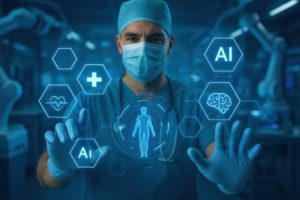 Médico de jaleco azul e luva controlando variáveis holográficas em seu atendimento