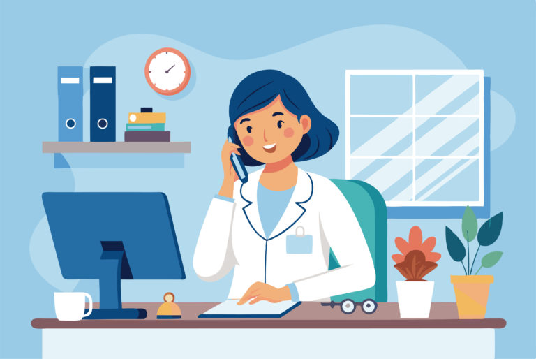 Ilustração de uma secretária de clínica médica em frente a computador falando ao telefone