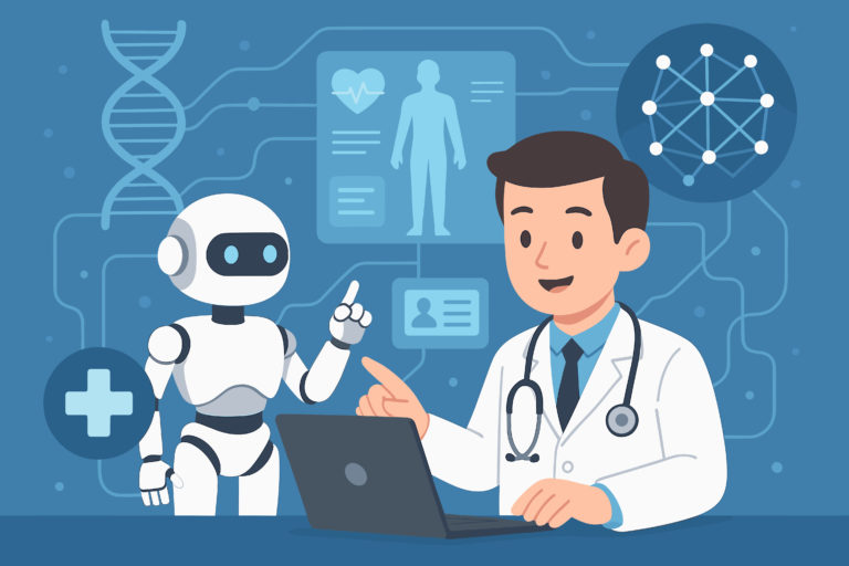 Ilustração de robô ao lado de médico em um consultório