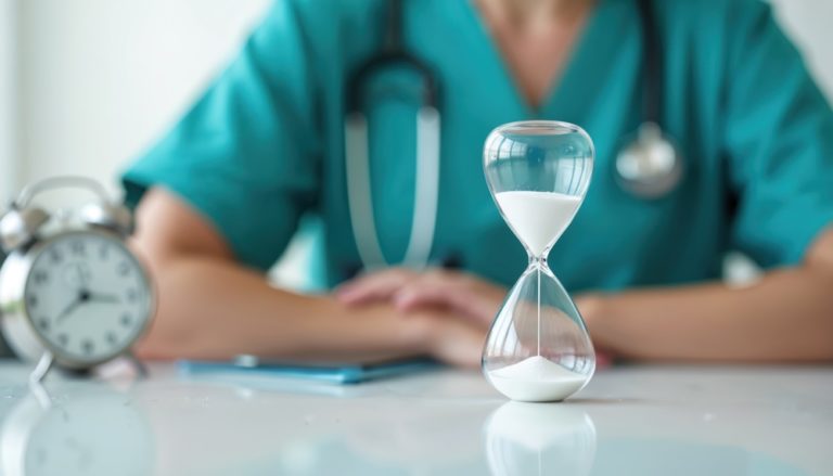 Médica ao fundo com ampulheta e relógio analógico a sua frente